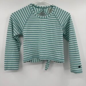 Calia Top Women Small Green Cropped Open Back Long Sleeve Stripes Workout Gym